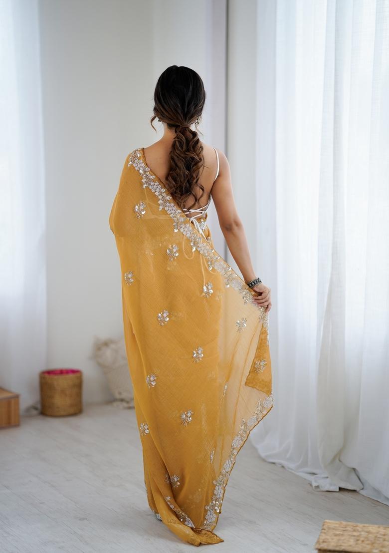 Mustard Embroidery Chiffon Saree Set - Indya
