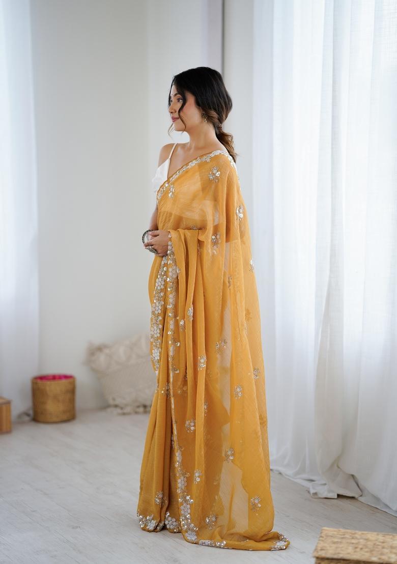 Mustard Embroidery Chiffon Saree Set - Indya