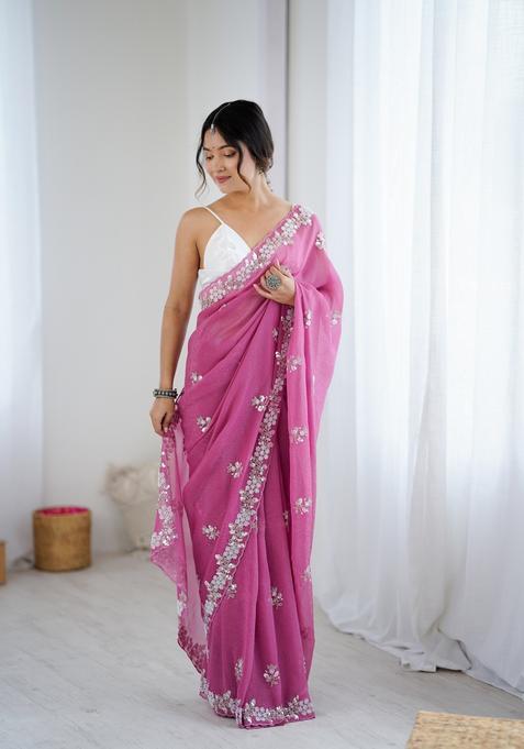 Pink Embroidery Chiffon Saree Set