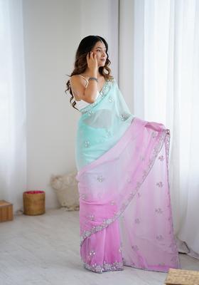 Sea Green Embroidery Chiffon Saree Set