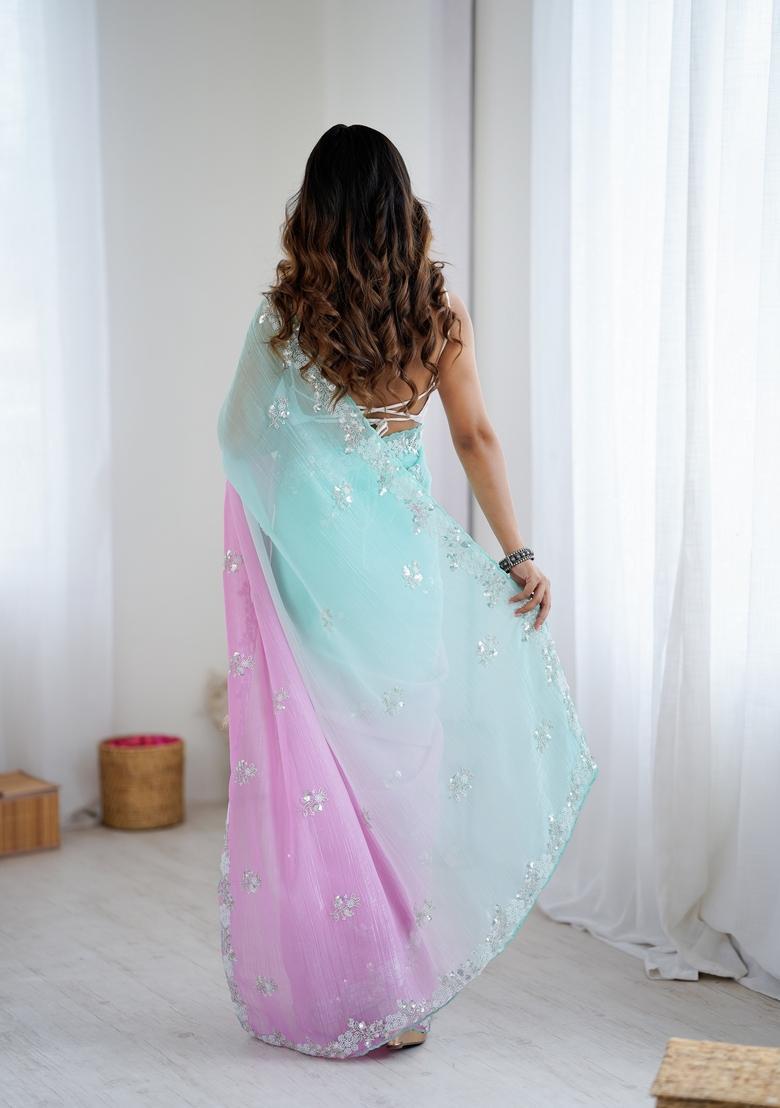 Sea Green Embroidery Chiffon Saree Set - Indya