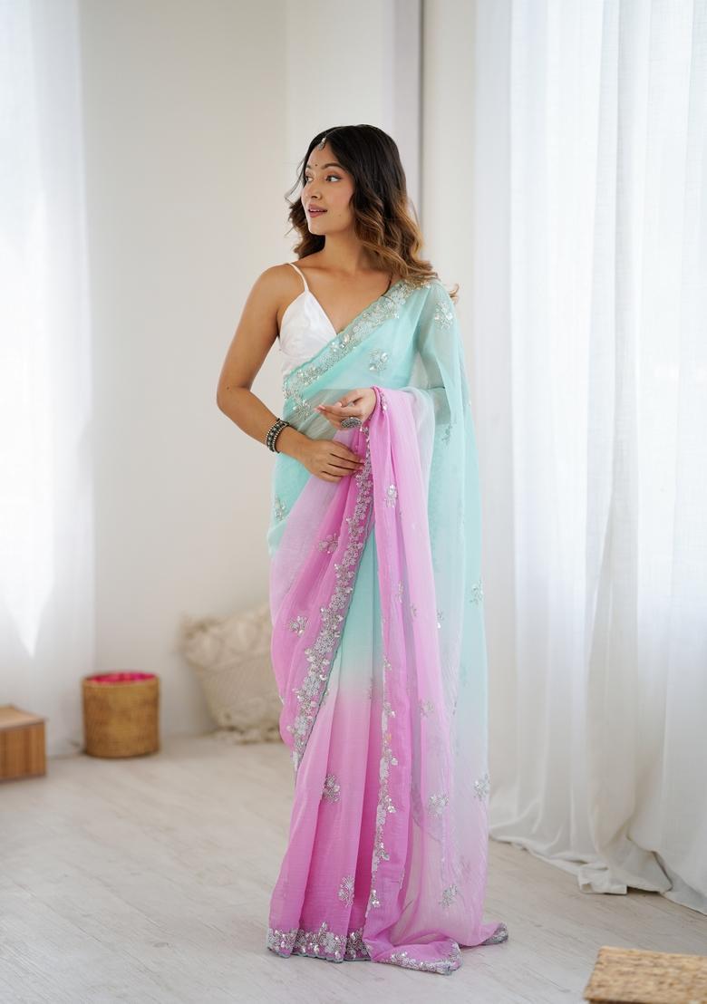Sea Green Embroidery Chiffon Saree Set - Indya