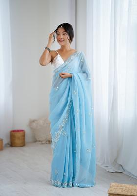 Sky Blue Embroidery Chiffon Saree Set