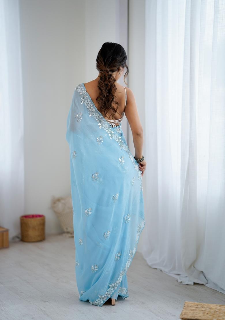 Sky Blue Embroidery Chiffon Saree Set - Indya