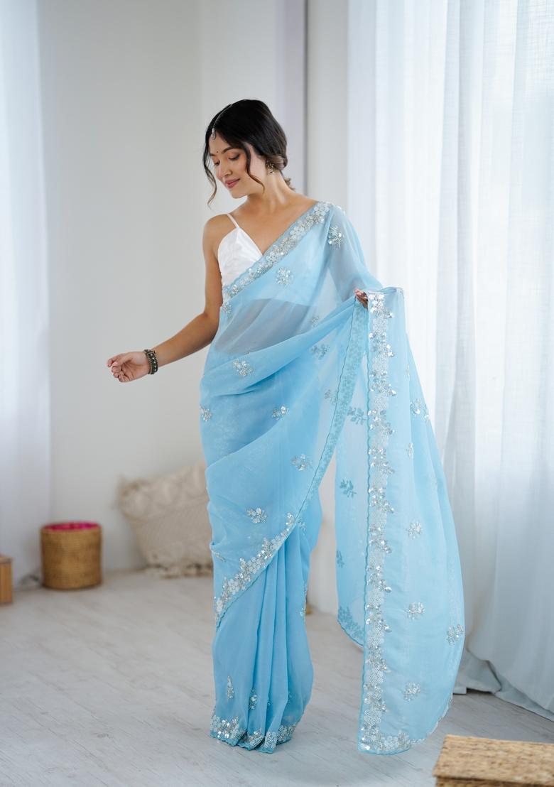 Sky Blue Embroidery Chiffon Saree Set - Indya