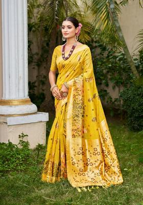 Yellow Zari Work Silk Saree Set