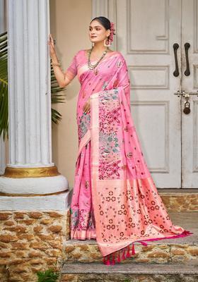 Pink Zari Work Silk Saree Set