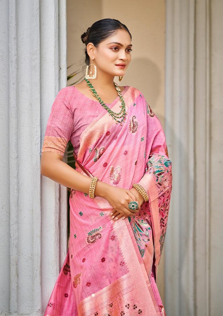 Pink Zari Work Silk Saree Set - Indya
