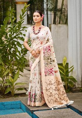 Off White Zari Work Silk Saree Set