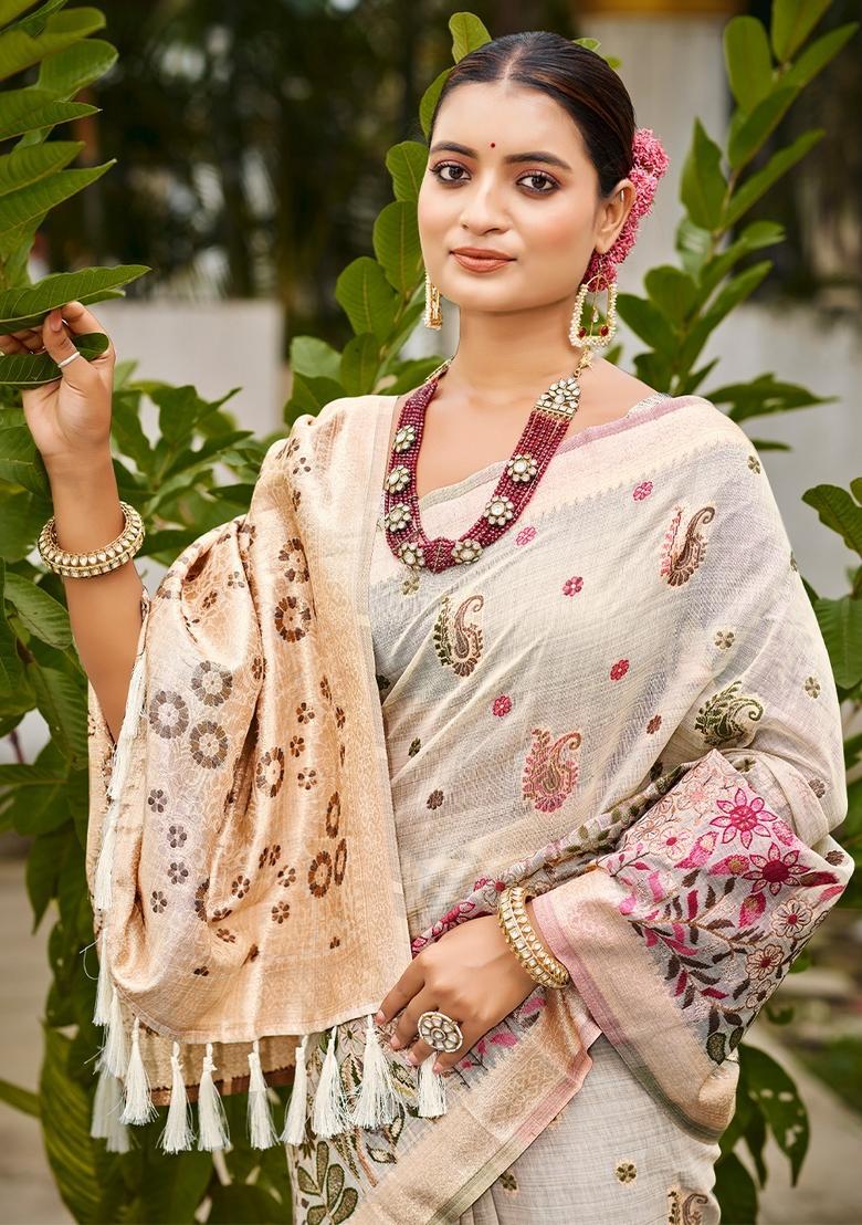 Off White Zari Work Silk Saree Set - Indya