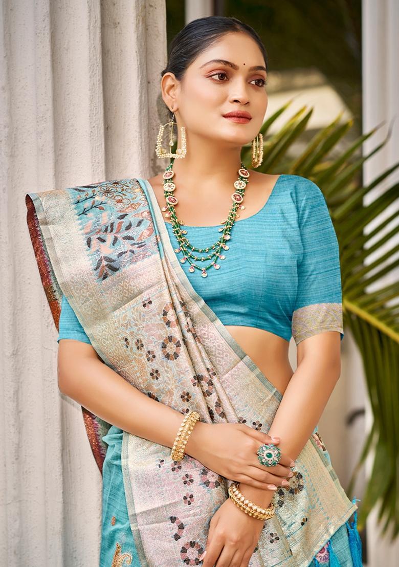 Blue Zari Work Silk Saree Set - Indya