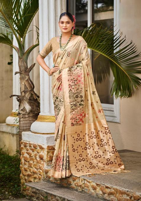 Beige Zari Work Silk Saree Set