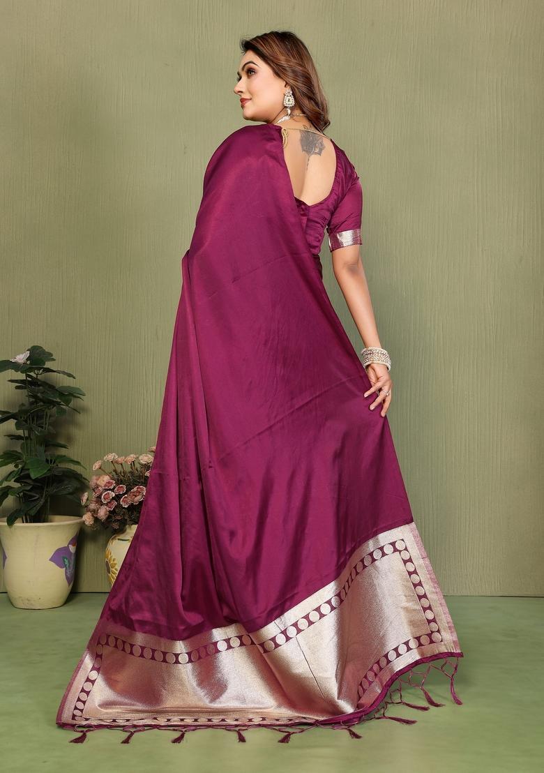 Purple Zari Work Silk Saree Set - Indya