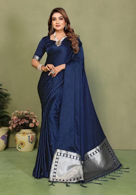Blue Zari Work Silk Saree Set