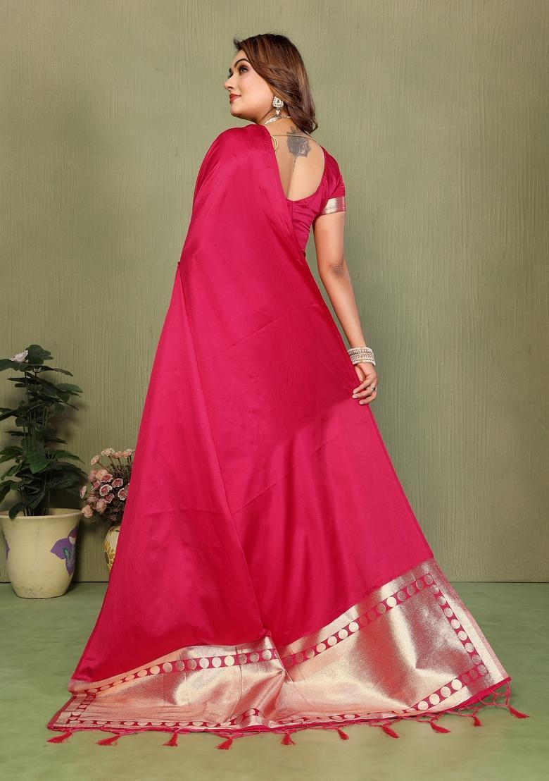 Red Zari Work Silk Saree Set - Indya