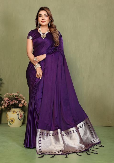 Violet Zari Work Silk Saree Set
