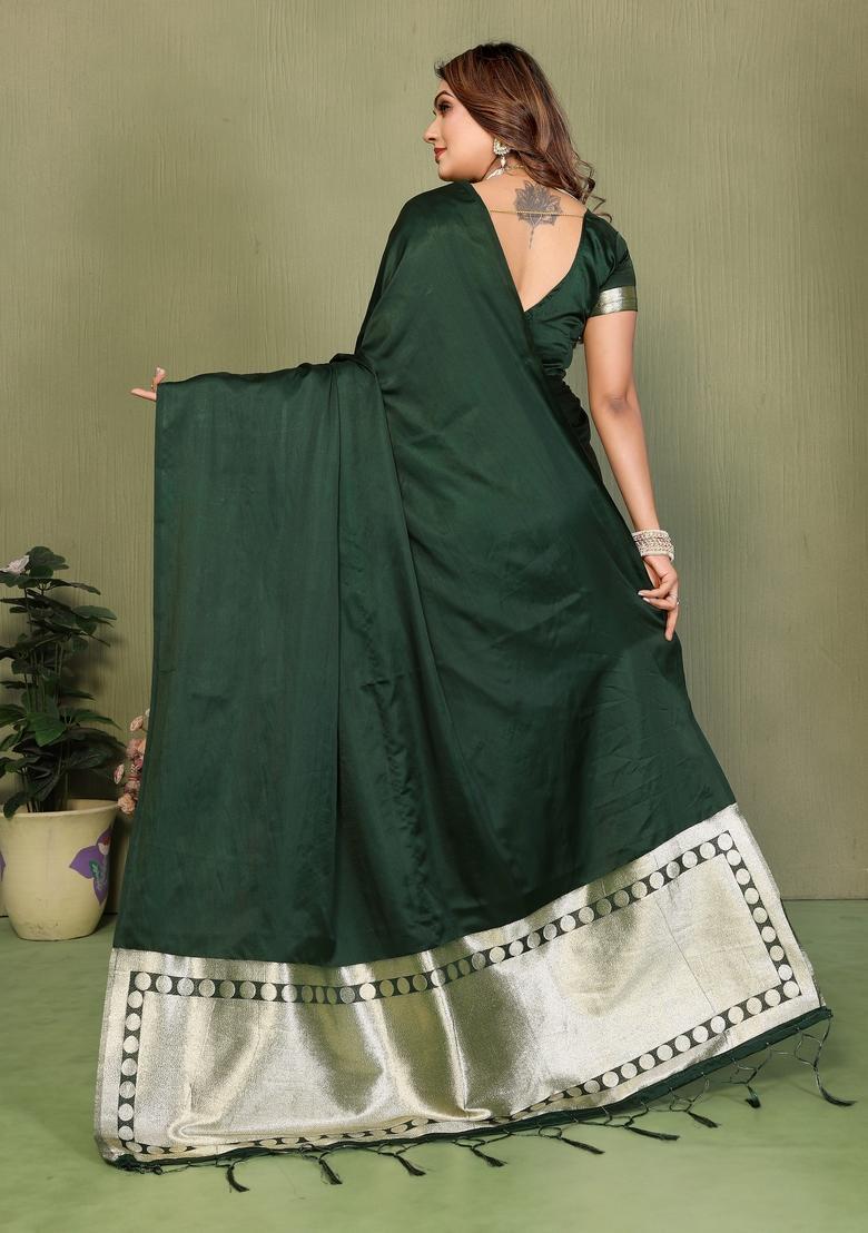 Green Zari Work Silk Saree Set - Indya