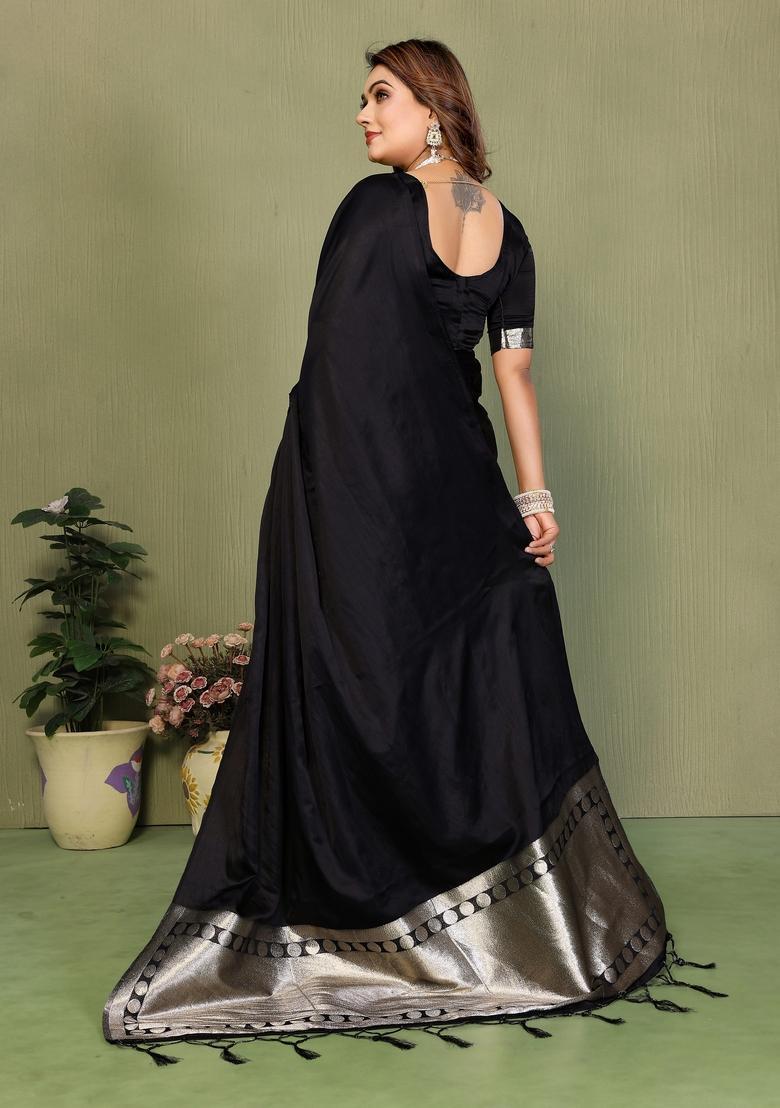 Black Zari Work Silk Saree Set - Indya