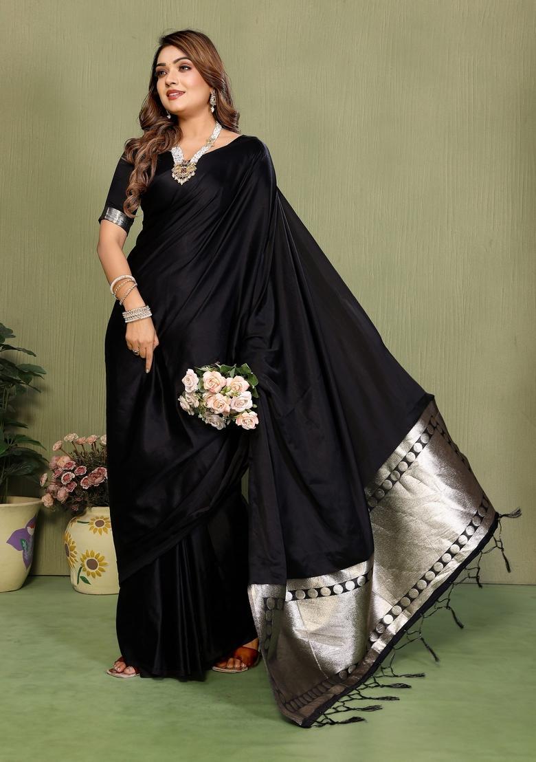 Black Zari Work Silk Saree Set - Indya