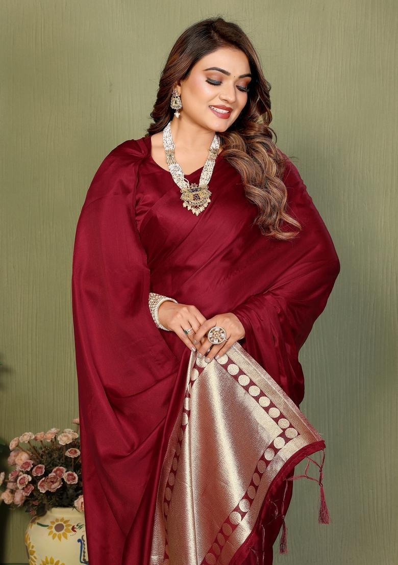 Maroon Zari Work Silk Saree Set - Indya