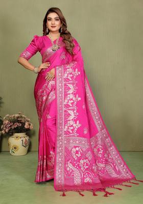 Pink Zari Work Silk Saree Set