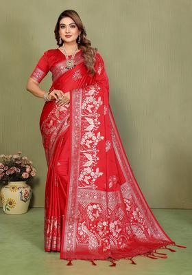 Red Zari Work Silk Saree Set