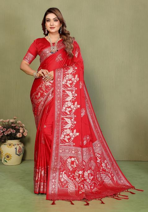Red Zari Work Silk Saree Set