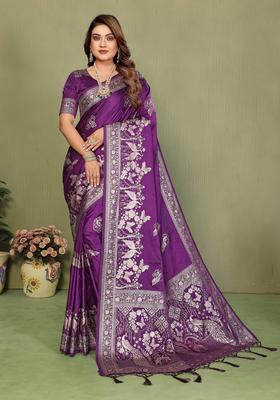 Purple Zari Work Silk Saree Set