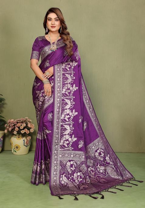 Purple Zari Work Silk Saree Set