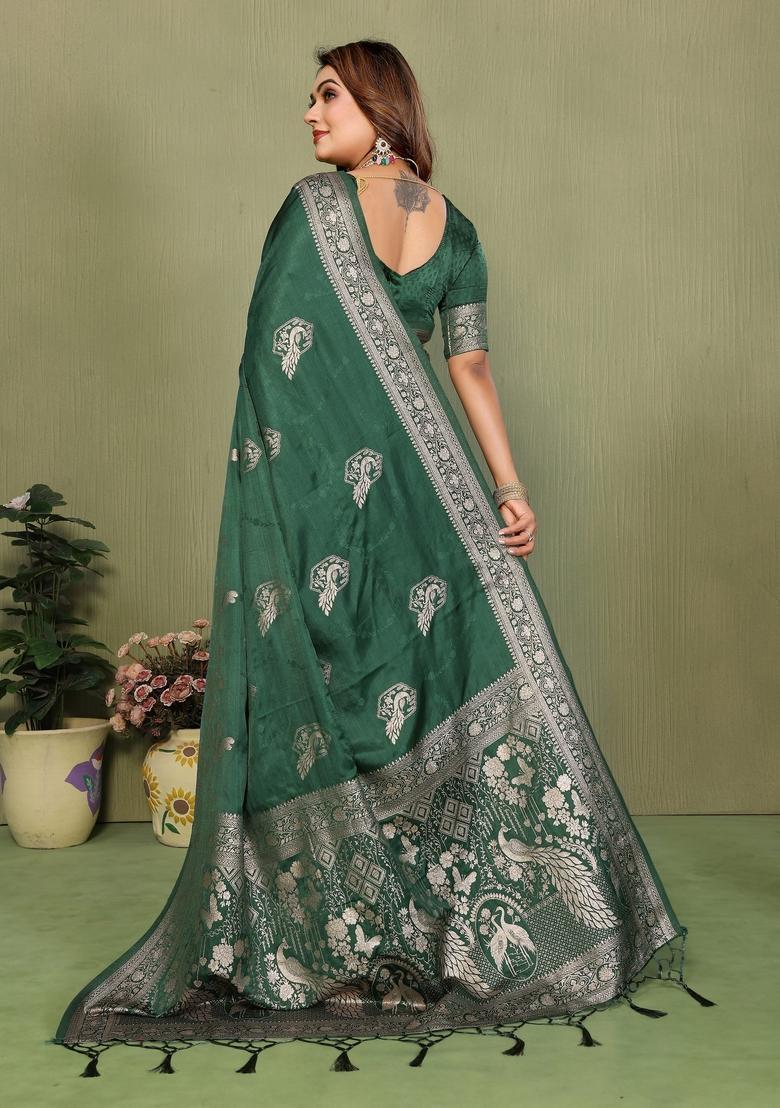Green Zari Work Silk Saree Set - Indya