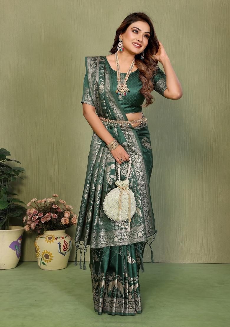 Green Zari Work Silk Saree Set - Indya