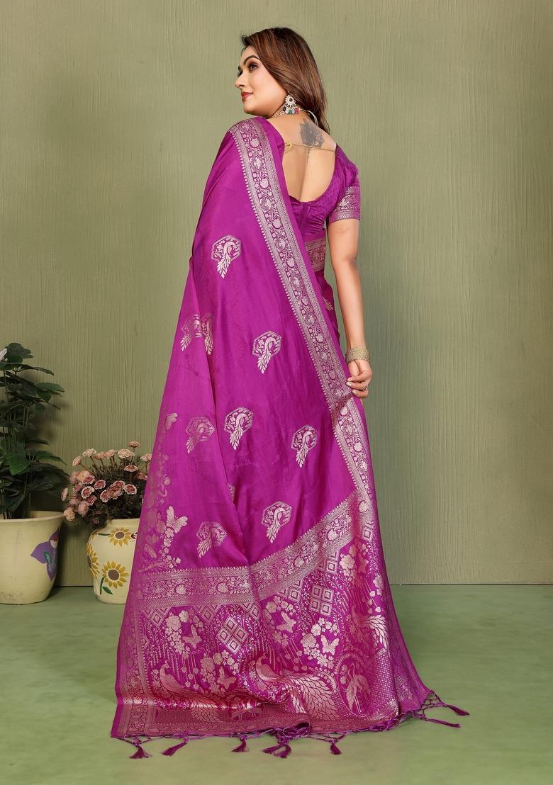 Magenta Zari Work Silk Saree Set - Indya