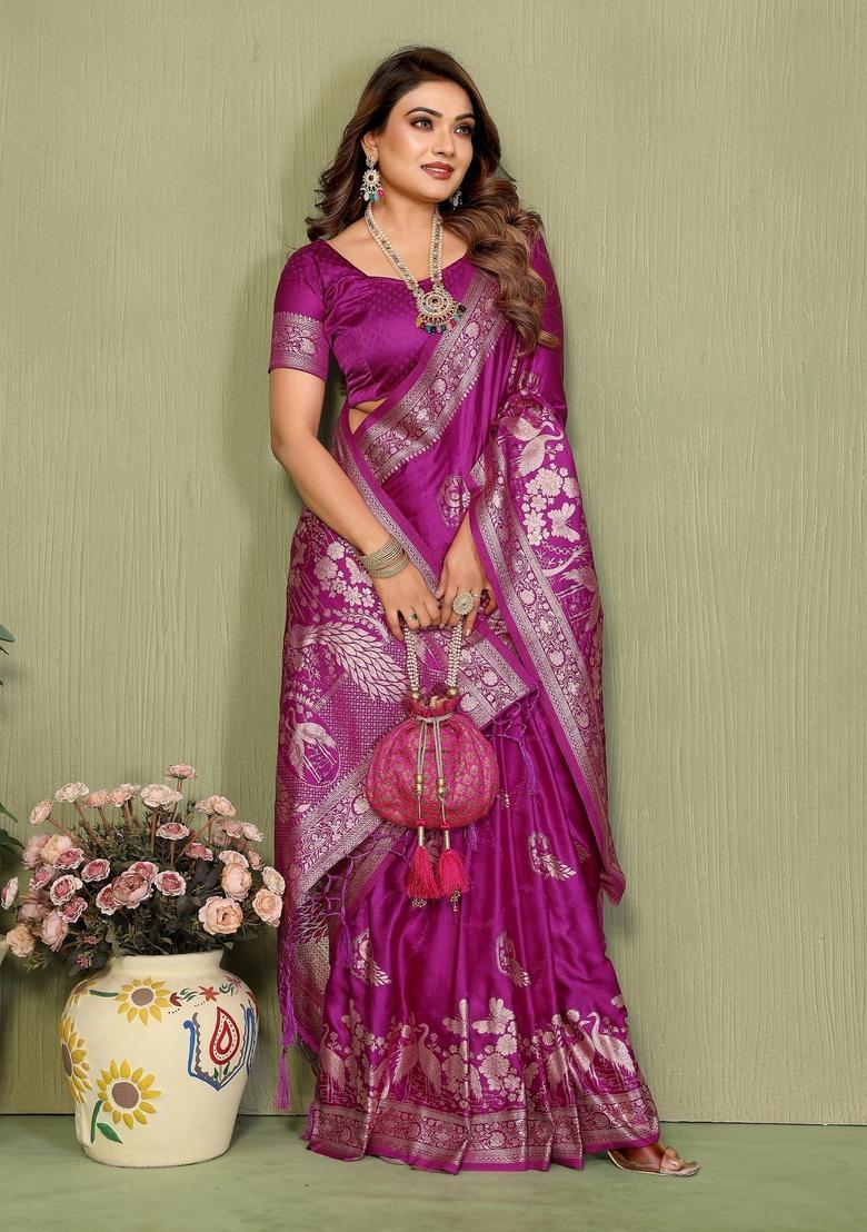 Magenta Zari Work Silk Saree Set - Indya