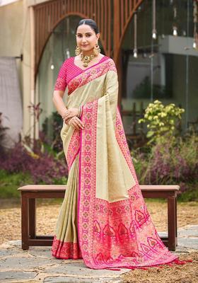 Beige Zari Work Silk Saree Set