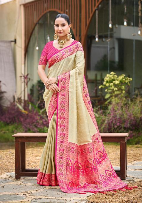 Beige Zari Work Silk Saree Set