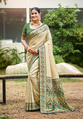 Beige Zari Work Silk Saree Set