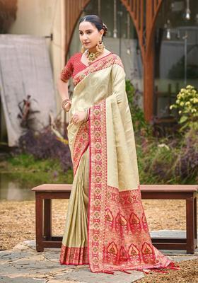 Beige Zari Work Silk Saree Set