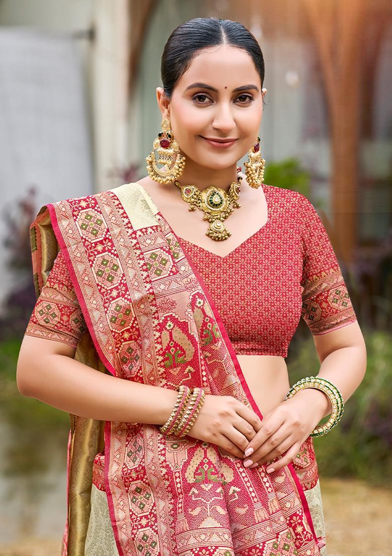 Beige Zari Work Silk Saree Set - Indya