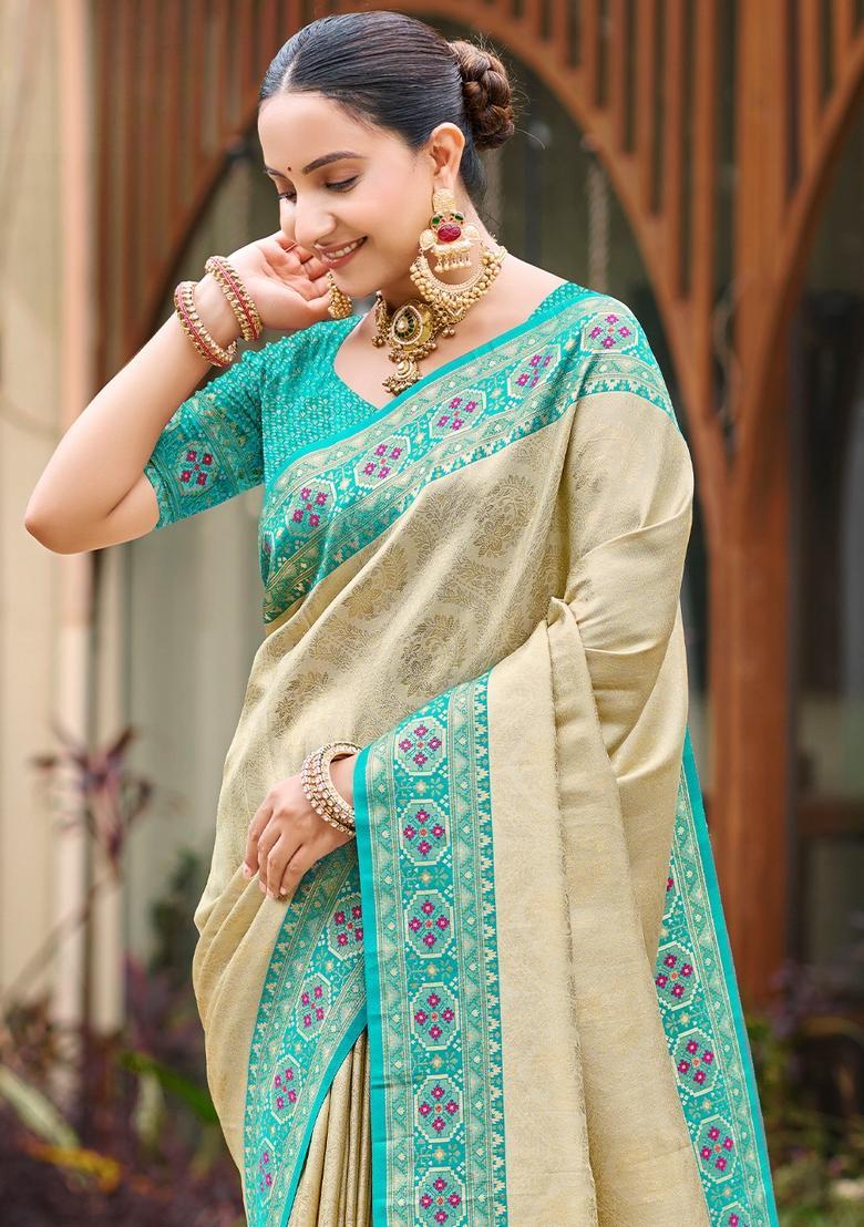 Beige Zari Work Silk Saree Set - Indya