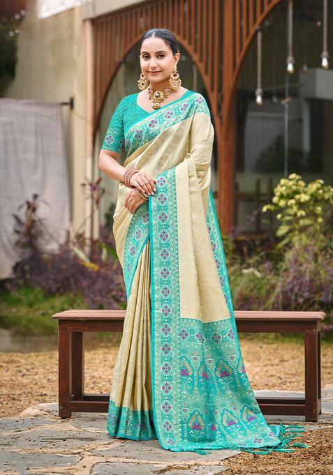 Beige Zari Work Silk Saree Set