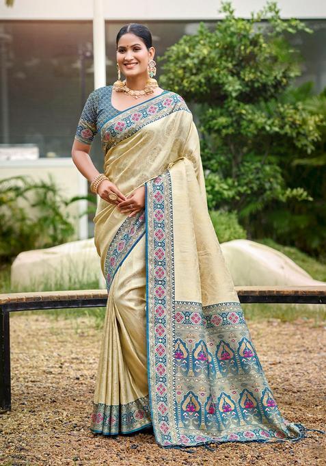 Beige Zari Work Silk Saree Set