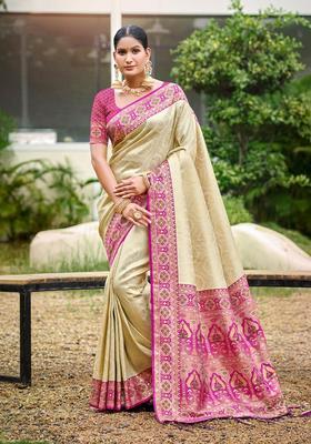 Beige Zari Work Silk Saree Set