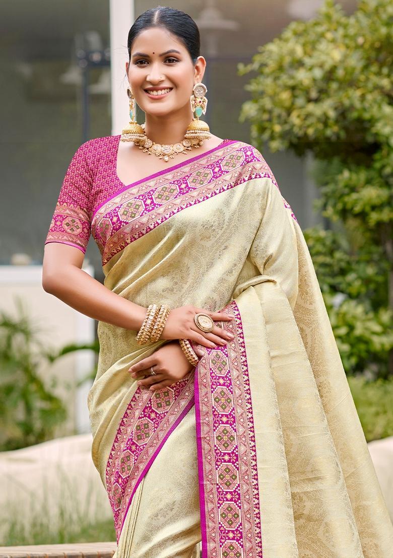 Beige Zari Work Silk Saree Set - Indya