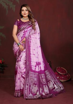 Purple Zari Work Silk Saree Set