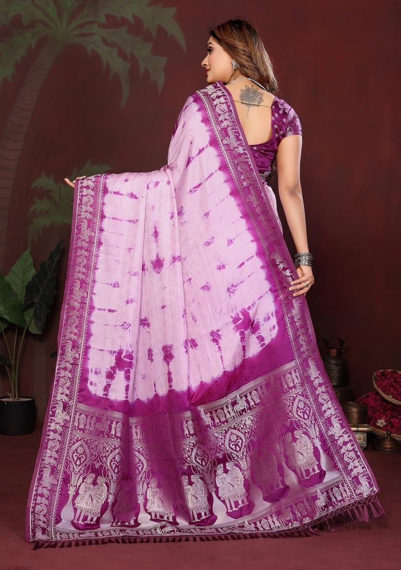 Purple Zari Work Silk Saree Set - Indya