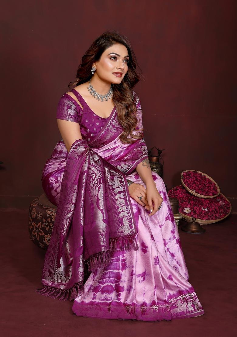 Purple Zari Work Silk Saree Set - Indya