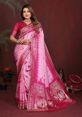 Pink Zari Work Silk Saree Set