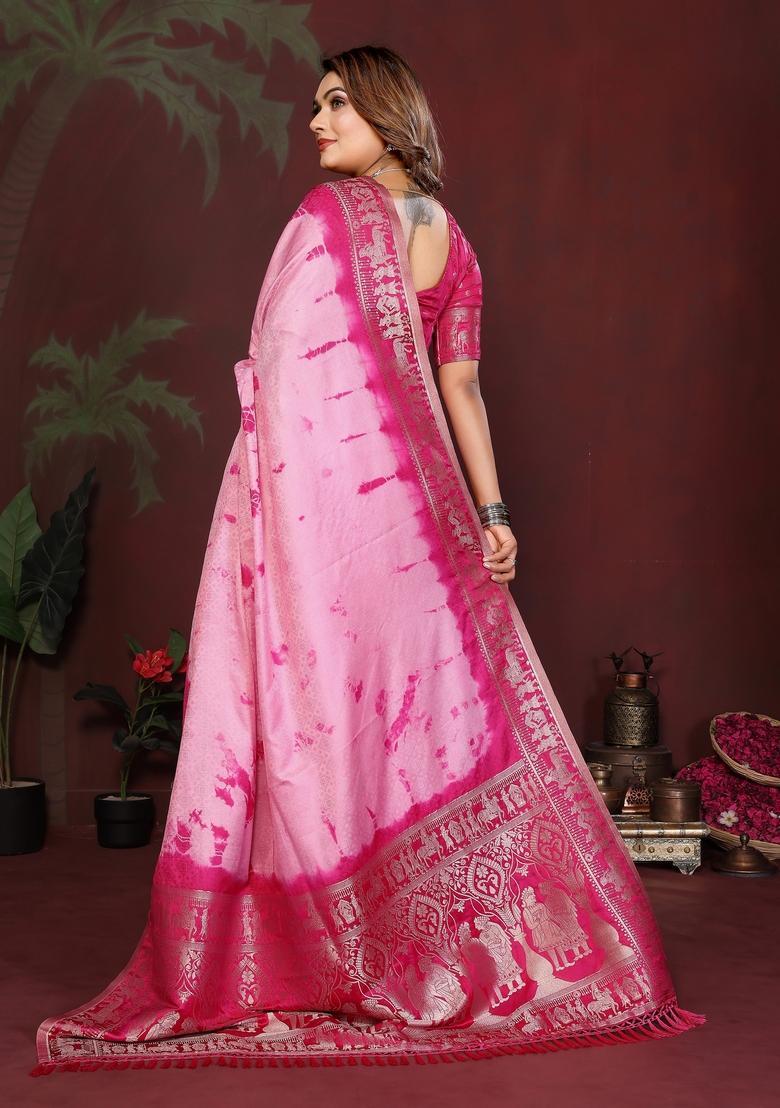 Pink Zari Work Silk Saree Set - Indya