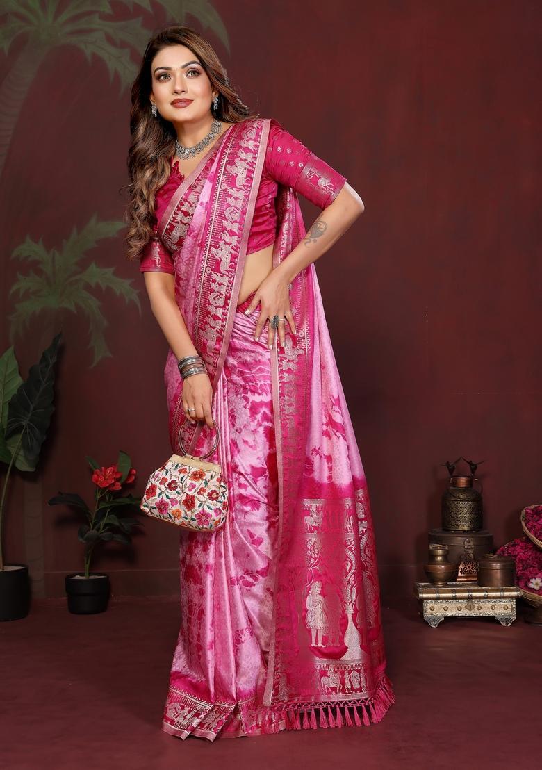 Pink Zari Work Silk Saree Set - Indya