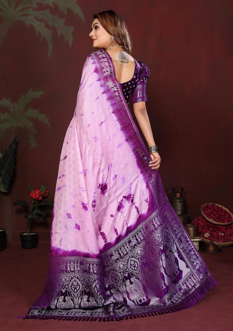 Violet Zari Work Silk Saree Set - Indya